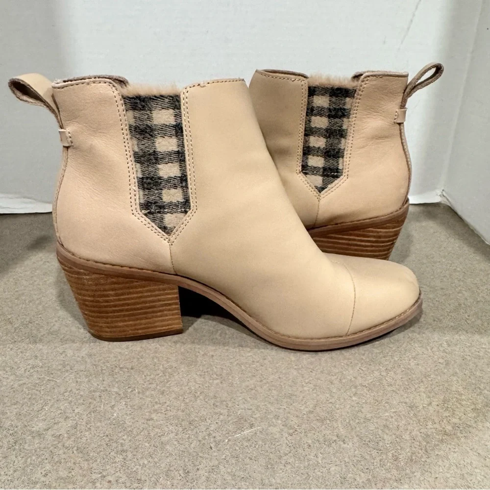 Toms Women Everly Plaid Cutout Block Heel Booties Size 8.5 In Color Sand
